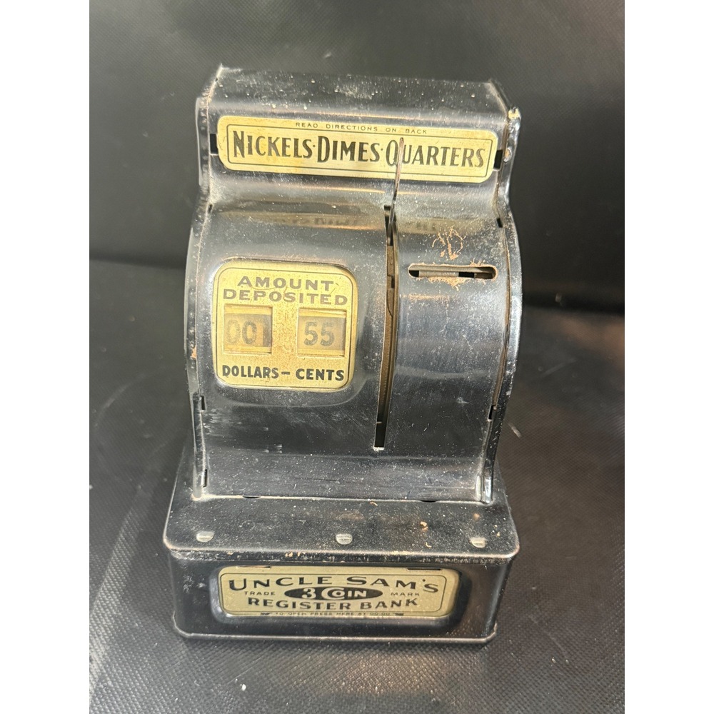 Vintage Uncle Sams 3 Coin Register‎ Bank Black Metal Mechanical Savings Bank